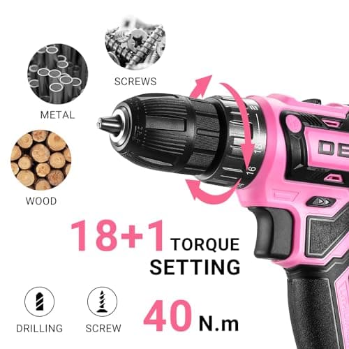 Power Drill Cordless: DEKO PRO Pink Cordless Drill 20V Electric Power Drill Set Tool for Women Drills with Battery and Charger 20 Volt Drills Driver Kit