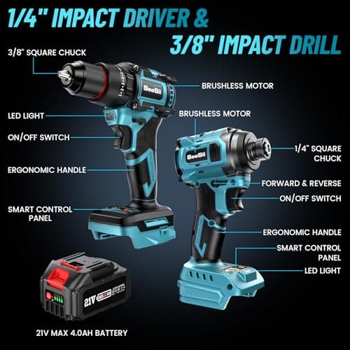 SEESII 21V Max Cordless Drill and Impact Driver, Power Tool Combo Kit Included 3/8'' Drill & 1/4'' Impact Driver, 2x 4000mAh Battery, Fast Charger, 20 pcs Driver Bit Set & Bag
