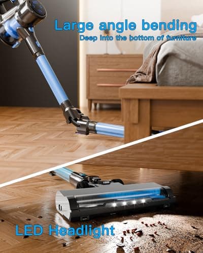 Cordless Vacuum Cleaner, 28KPA Suction Stick Vacuum with LED Headlight, 3 Modes 6-in-1 Lightweight Cordless Vacuum with 40Mins Detachable Battery Vacuum Cleaners for Home Hard Floor Carpet (Blue)