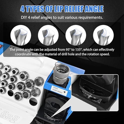 Drill Bits Sharpener, 3-20mm Drill Bit Grinding Machine, Lip Relief Angle & 95°-135° Point Angle Adjustable Drill Bit Re-Sharpener, Portable Bits Sharpening Machine with 18 Collets, CBN & SDC Wheel
