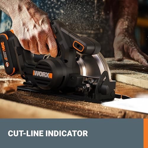 Worx 20V Cordless Electric Circular Saw 6-1/2'' Max. 2-3/16" Cutting Depth 4700 Rpm 0-50° Bevel Capacity 2.0 Ah Battery and Charger Included WX526L