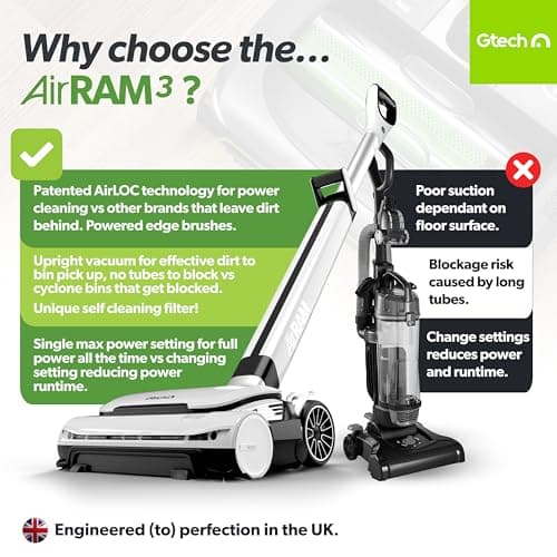 Gtech AirRAM 3 Cordless Vacuum Cleaner with Anti-Hair Wrap Bar - Dual Edge-Clean Brushes - Perfect for Carpet and Hardwood Floors - Rechargeable 22v Li-ion Battery - Lightweight - New Model/Red Thread