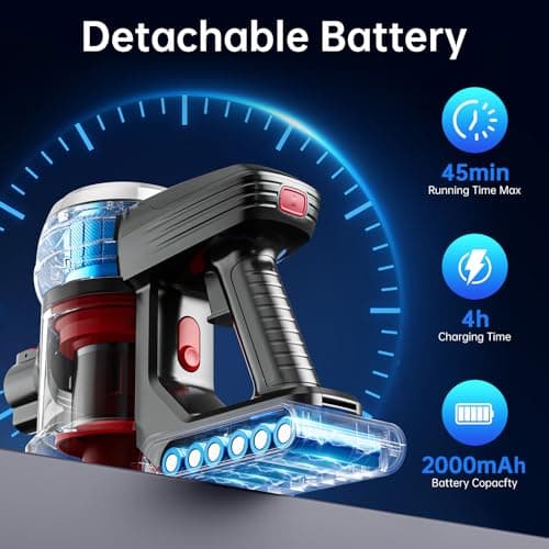 Cordless Stick Vacuum, Red, 45 Min Runtime, LED Headlights, 2-Speed, Telescopic Tube with Main Vacuum Brush, Crevice Tool, dust Brush, Removable-Rechargeable Battery Pack with Charging Cord