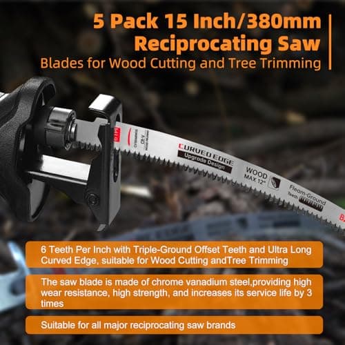 Sawzall Blades for Cutting Trees, 5 Pack 15 Inch 6 Tpi Japanese Teeth Reciprocating Saw Blades, Cr-V Wood Cutting and Tree Trimming Blades with Curved Edge and Fleam-Ground Teeth
