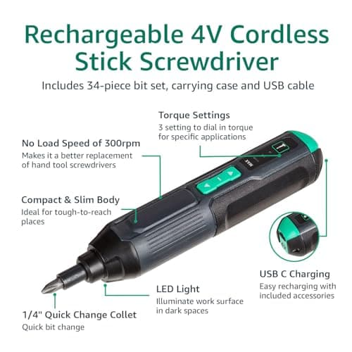 Amazon Basics by SKIL 4V Cordless Stick Screwdriver with 34-Piece Bit Set, Carrying Case, USB Charging, LED Work Light, 3 Torque Settings