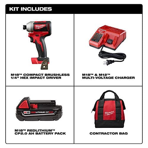 Milwaukee 2850-21P M18 Brushless Lithium-Ion Compact 1/4 in. Cordless Hex Impact Driver Kit (2 Ah)