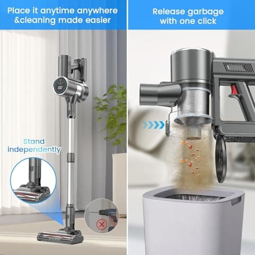 Cordless Vacuum Cleaner, 350W 35KPA 100Mins Runtime Powerful Stick Vacuum for home with Self-Standing, Touch Screen, Rechargeable Handheld Vacuum for Home/Pet Hair/Carpets/Hard Floors(2 Batteries)