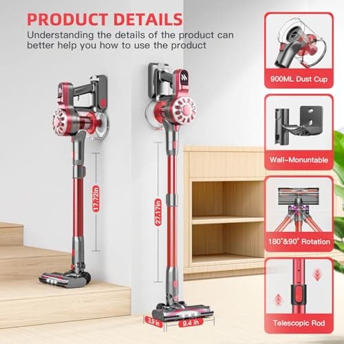 Cordless Vacuum Cleaner for Home with Powerful Suction,Lightweight Stick Vacuum Cordless Rechargeable with 35 Mins Runtime, Hardwood Floor Vacuum for Pet Hair,Carpet,Tile(Red)