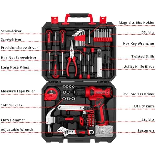 DEKOPRO Drill Set: Tool Set with 8V Red Cordless Drill, Home Tool Kit with Drill, Hand Tool Kits for Women 126 Piece