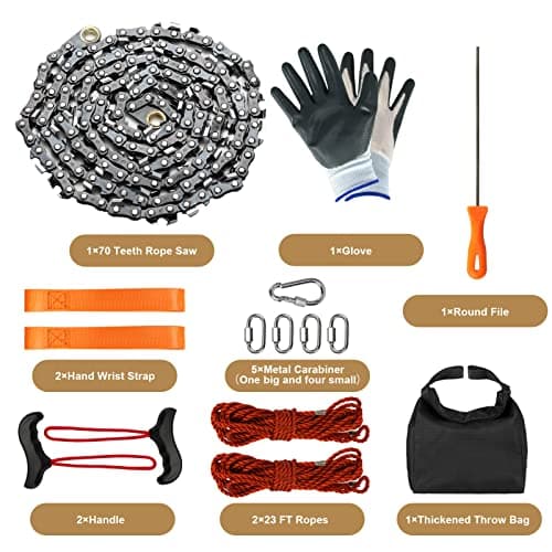 Rope Saw for Tree Limbs, 55 Inch Chain Saw with 70 Sharp Teeth & 46 Feet Ropes Kit, High Limb Pocket Chainsaw