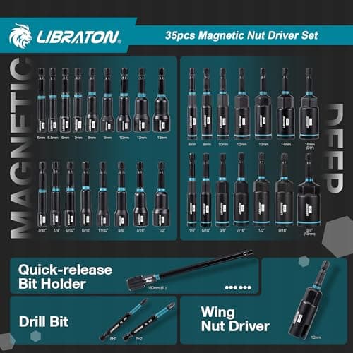 LIBRATON Magnetic Nut Driver Set, 35PCs Impact Driver Bit Set, Deep Nut Driver Set, Metric & SAE Nut Driver for Impact Drill, Wing Nut Driver, Quick-release Bit Holder, Drill Bit PH1 PH2, with Toolbox