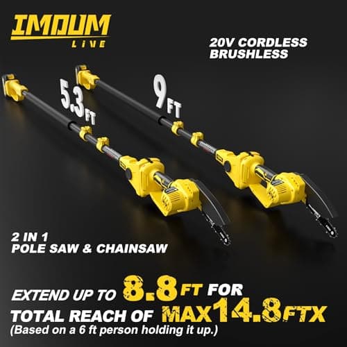 IMOUMLIVE 2-IN-1 Cordless Pole Saw & Mini Chainsaw, 21V 3.0Ah Battery Powered 6 Inch Electric Pole Chainsaw, 6.6 LB Lightweight, 14.8-Foot MAX Reach Pole Saw for Tree Trimming