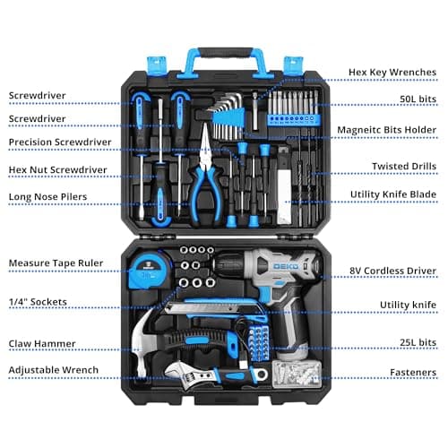 DEKOPRO Drill Set: Tool Set with 8V Blue Cordless Drill, Home Tool Kit with Drill, Hand Tool Kits for Men & Women 126 Piece