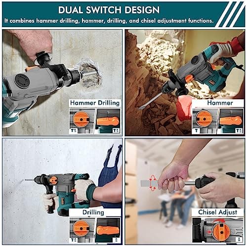 1-1/4 Inch SDS-Plus 13 Amp Heavy Duty Rotary Hammer Drill with Safety Clutch 4 Functions and Variable Speed, Including Chisels and Drill Bits