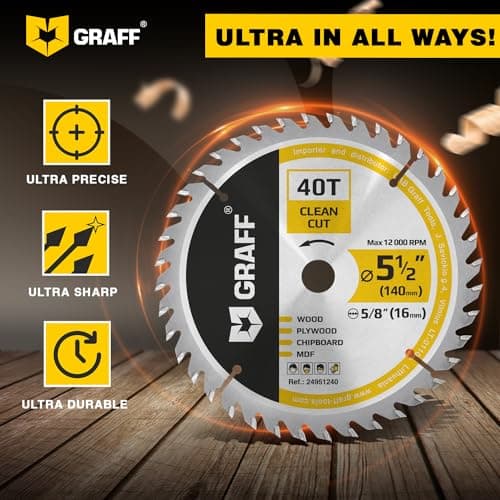 5-1/2" Wood Cutting Circular Saw Blade - Chop Saw Blade for Plywood, MDF, Drywall & Plastic 40T TCT Blade for Circular Table Miter & Cordless Saws 5/8-Inch Arbor Burr-Free No Heat No Sparks GRAFF