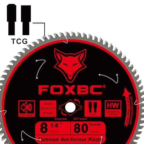 FOXBC 8-1/4 Inch Metal Cutting Table Saw Blade 80-Tooth TCG for Aluminum, Copper, Plastic, Brass, Fiberglass with 5/8-Inch Arbor