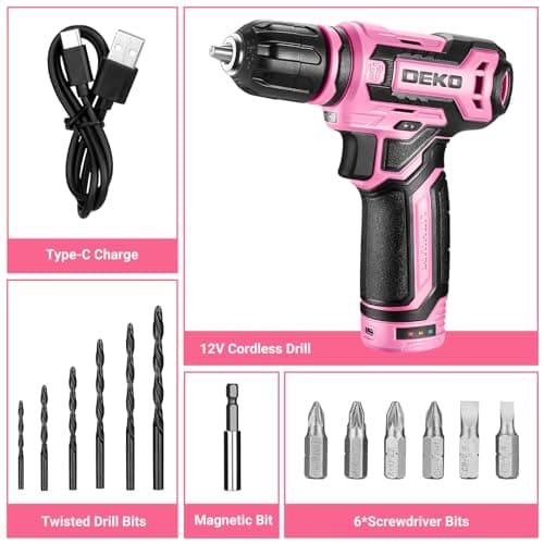 Cordless Drill：DEKOPRO 12V Power Drill Set with Pink 800RPM Electric Drills with Tool Set Gift Box, Pink Drill Set for Women