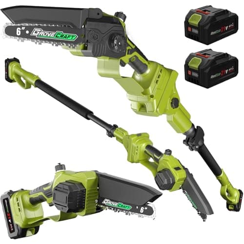 2-IN-1 Cordless Pole Saw & Mini Chainsaw, 21V 4.0Ah Battery Powered 6 Inch Electric Pole Chainsaw, 15Ft MAX Reach Pole Saw for Tree Trimming(2 * 4Ah Batteries and Fast Charger Included)