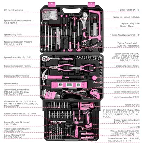 Pink Tool Kit Box Drill Set：DEKOPRO Home Mechanic Toolbox with 12V Power Cordless Drill Hand Repair Tools Sets Combo Kits Storage Organizer Drawer Case for Men & Women