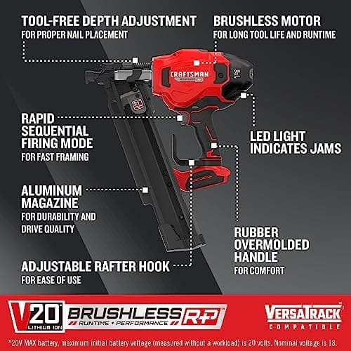 CRAFTSMAN V20 Cordless Framing Nailer, Nail Gun, 21 Degree, up to 3-1/4 inch Nails, Bare Tool Only (CMCN621PLB)