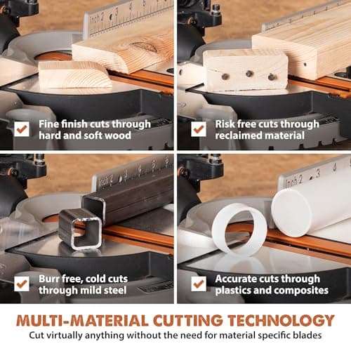 Evolution R8MTS | 8-1/4” Convertible Miter/Table Saw | Multi-Function Saw | 0-45° Bevel & +/- 45° Miter | Multi-Material Cutting: Wood, Plastic, Metal | Compact, Powerful 12A Motor | TCT Blade Incl