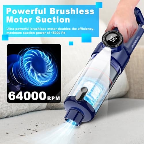 Handheld Vacuum Cordless - Car Vacuum Cleaner with Brushless Motor, 15000Pa Strong Suction with LED Light, Type C Cable, 2 Fliters, Portable Hand Vacuum for Car, Home, and Office