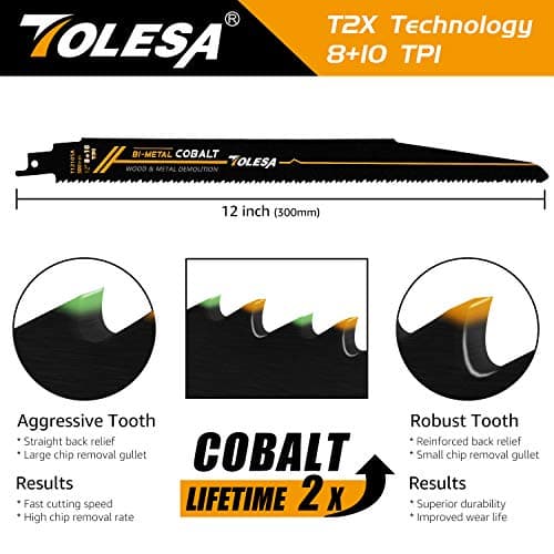 TOLESA Metal Wood Demolition Reciprocating Saw Blades 12 Inch 8+10TPI Sawzall Blades for Steel Pipe Cutting, Drywall, Chipboard, Glass Fiber-Reinforce Plastic and Composite Materials Demolition 5 Pack