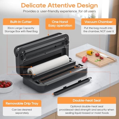 2025 Updated Stylish design Precision Vacuum Sealer Machine Pro for Food Saver, Concealed Handle 90Kpa Vacuum Sealers for Sous Vide,Liquid Food/Build with Cutter/Large Bag Storage/2 Bag Rolls