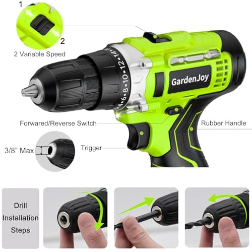 GardenJoy Cordless Power Drill Set: 12V Electric Drill with Battery and Charger, 65pcs Acessories, 3/8"Keyless Chuck, 2 Variable Speed, 24+1 Position, Compact Drill Driver Kit for Home & DIY Project