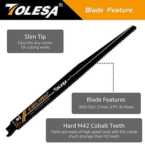 TOLESA Nail Embedded Wood Reciprocating Saw Blades for Window Door Demolition and Construction Wood Cutting 12 Inch 6TPI Bi-Metal Teeth with Cobalt Sharp Cutting 5 Pack