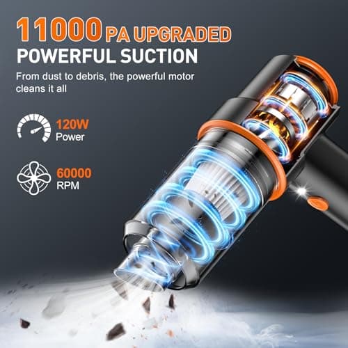 KMM Handheld Car Vacuum Cleaner, 11000PA Vacuum Cleaner & Air Duster, 120W High Power Vacuum Portable Cordless, Hand Held Vacuum Rechargeable with Multi-Nozzles & LED Light for Home, Car, Office