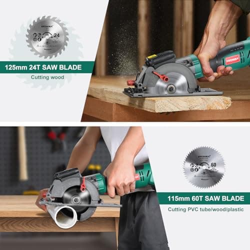 HYCHIKA Cordless Circular Saw, 18V Mini Circular Saw with 4.0Ah Battery, 3 Blades(4-1/2",4-9/10"), 3500RPM Max Cuting Depth:90°(48mm)/45°(32mm), Compact Circular Saw for Wood, Plastic and Soft Metal