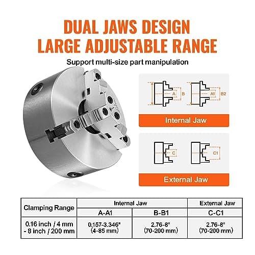 VEVOR 3-Jaw Lathe Chuck, 8'', Self-Centering Lathe Chuck, 0.16-8 in/4-200 mm Clamping Range with T-key Fixing Screws Hexagon Wrench, for Lathe 3D Printer Machining Center Milling Drilling Machine