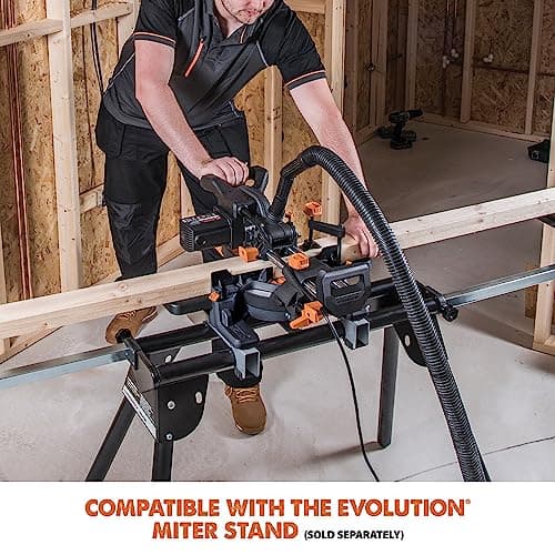 Evolution Power Tools R185SMS+ Sliding Miter Saw with Multi-Material Cutting, 45 Degree Bevel, 50 Degree Miter, 210 mm Slide, Blade Included Cuts Wood Plastic Metal & More, 7-1/4"
