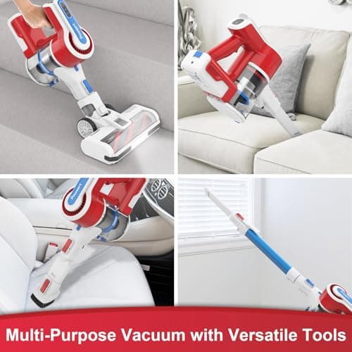 Cordless Vacuum Cleaner for Home, 45Kpa Lightweight Stick Vacuum with Powerful Suction, Rechargeable Battery Up to 50mins, Handheld Vacuum Cleaners for Hardwood Floors, Carpets, Pet Hair - Red
