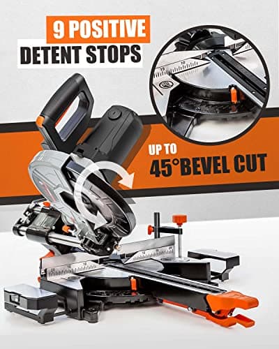 DWT Sliding Compound Miter Saw with 3 Blades, 15A 10", Double Speed (4500 RPM & 3200 RPM), Bevel Cut (0°-45°) with Laser, Extension Table, Iron Blade Guard, Cutting Wood, PVC or Soft Metal