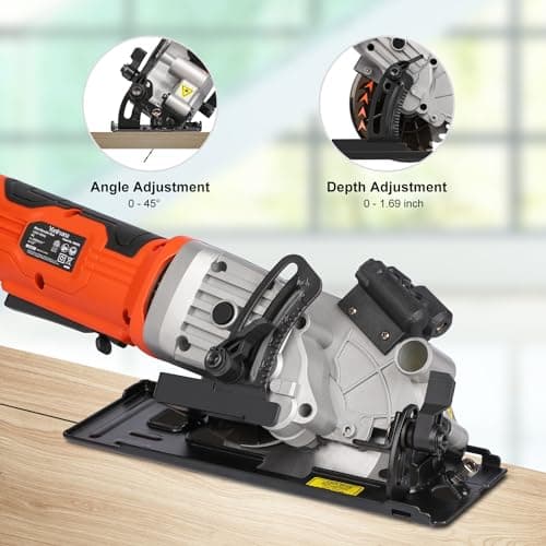 4Amp 3500RPM Mini Circular Saw with Laser Guide, Vacuum Adapter, Blade Wrench and Rip Guide, Max. Cutting Depth1-5/8"(90°), 1-1/10"(45°）Compact Saw with 2 pcs 4-1/2" 24T TCT Blades
