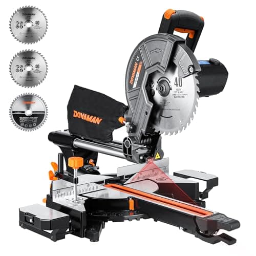 Updated 10-Inch Sliding Miter Saw, Multi-Material Cutting w/ 3 x TCT Blades, Ambidextrous Operation, 5000/3200RPM Speed, Laser Guide, 0-45° Bevel Cut, Max Cut 3.5x13.4in, 9 Positive Stops