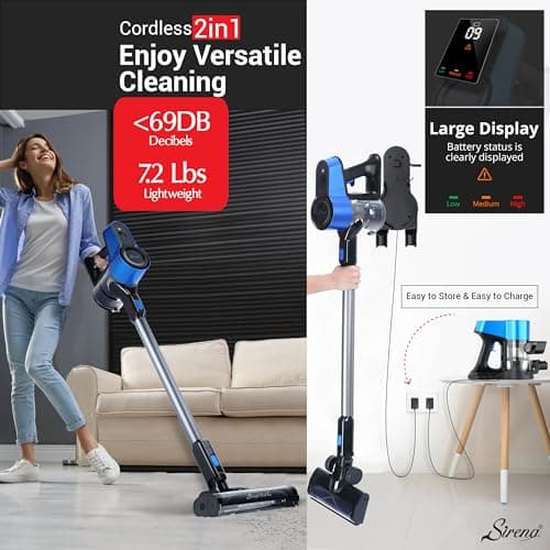 Sirena Proflex PetVac 2-in-1 Cordless Stick Vacuum Cleaner with Motorized Pet Brush for Pet Hair Removal, Multi-Surface Cleaning, and Portable Convenience