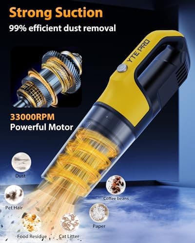 Handheld Vacuum Cordless 1.1 Pounds Car Vac 10000PA Hand Held Vacuums 4-in-1 Hand Vac Cordless Rechargeable HEPA Filter Large Capacity Dust Cup for Car Office Home Pets Hair (Yellow＆Black)