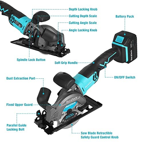 DURATECH Mini Circular Saw, 20V 4-1/2" Cordless Circular Saw with 4.0Ah Battery, Fast Charger, 3PCS Blades, 3600RPM, Max Cutting Depth 1-11/16"(90°),1-1/8"(45°), for Tiles, Wood, Soft Metal, Plastic
