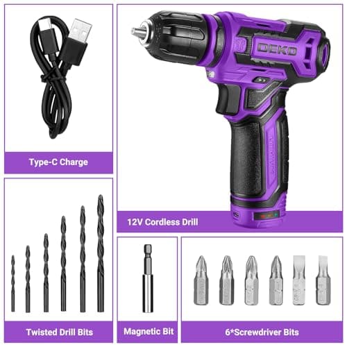 Cordless Drill：DEKOPRO 12V Power Drill Set 800RPM Electric Drills Small Drills with 3/8-inch Keyless Chuck and Portable Tool Set Gift Box (Purple)