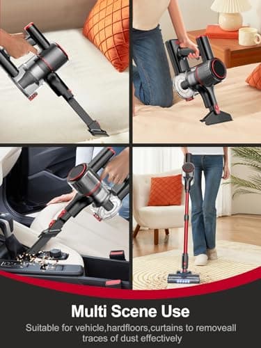 Cordless Vacuum Cleaner, 8-in-1 Vacuum Cleaners for Home, 45Mins Runtime, Anti-Tangle Stick Vacuum with LED Display, Rechargeable Lightweight Vacuum for Pet Hair/Carpet/Floor (Red)