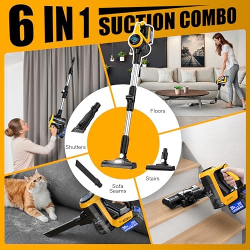 Cordless Stick Vacuum Cleaner Compatible with DeWalt Battery, 350W Brushless Motor, 30KPa Suction, 6-in-1 180° Bendable Wand, Smart Screen 2x5AH Batteries & Charger – Hardwood Floors