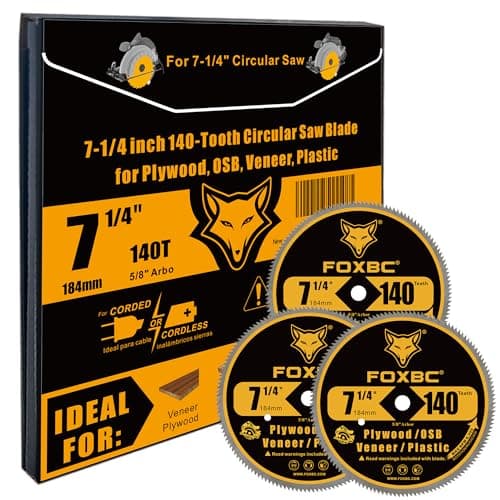 FOXBC 7-1/4 Inch 140 Tooth Fine Finish Carbon Circular Saw Blade for Plywood, OSB, Plastic, Veneer, Vinyl Wood Cutting with 5/8-Inch Diamond Arbor