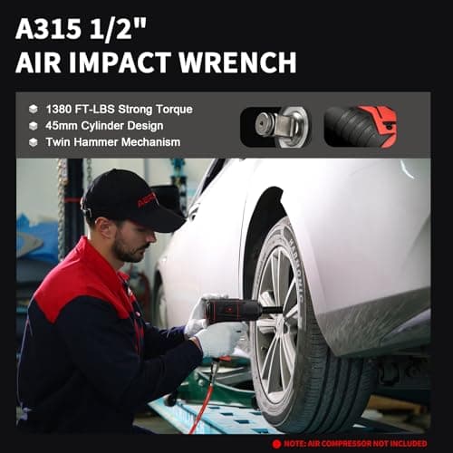 AEROPRO TOOLS 1/2-Inch Composite Air Impact Wrench(A315), Twin Hammer, 1380FT-LBS Max Loosening Torque, 8000RPM, Pneumatic Impact Gun, for Auto Repair, Tire Shop (Lightweight Housing)