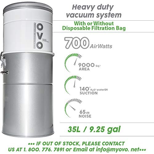 OVO Heavy Duty Powerful 700 Airwatts Central Vacuum System, Hybrid Filtration (with or Without Disposable Bags) 35L or 9.25Gal, with 30 ft Carpet Deluxe Accessory Kit