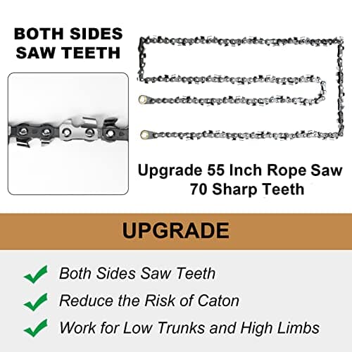 Rope Saw for Tree Limbs, 55 Inch Chain Saw with 70 Sharp Teeth & 46 Feet Ropes Kit, High Limb Pocket Chainsaw