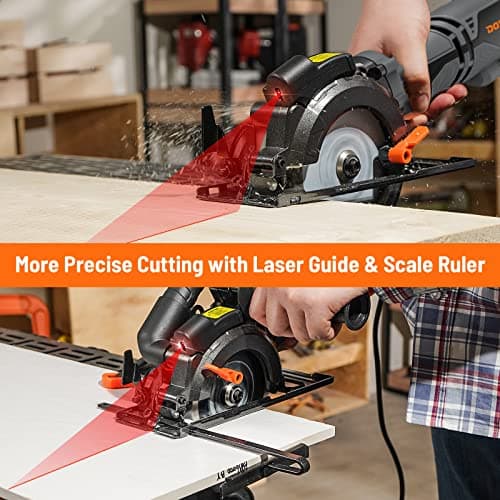 DOVAMAN Circular Saw, 5.8A 4-1/2" Circular Saw w/Laser, Metal Auxiliary Handle, 6 Blades (4½", 4¾"), Cutting Depth 1-11/16" (90°), 1-3/8" (45°), Ideal for Wood, Soft Metal, Plastic, Tile - MCS01A