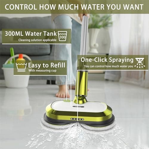 Cordless Electric Mop, Electric Spin Mop with LED Headlight and Water Spray, Up to 60 mins Powerful Floor Cleaner with 300ml Water Tank & Detachable Battery, Super Quiet Cleaning & Waxing